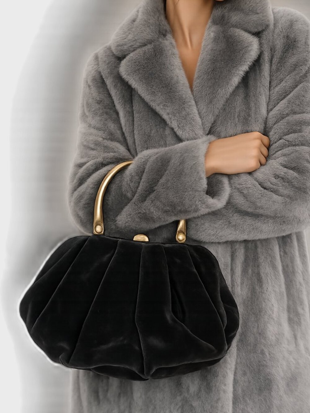 Stunning vintage black velvet purse, brass handle and clasp, satin lining